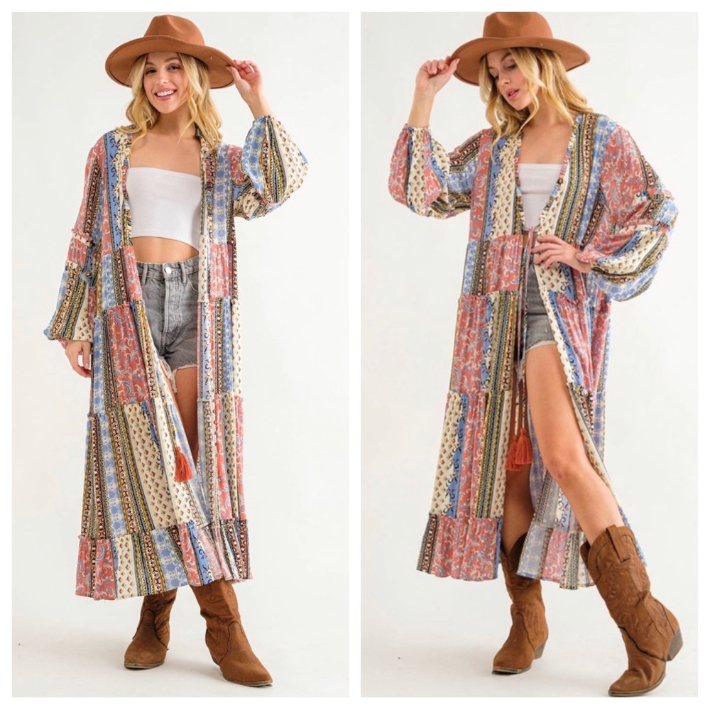 01 ✨RESTOCKED✨Boho Border Print Woven Kimono Long Cardigan - Picture 5 of 6